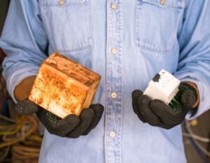 Close-up of damaged circuit breaker before replacement in Austin